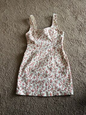 Floral Sweetheart Denim Mini Dress in Cream and Pink
